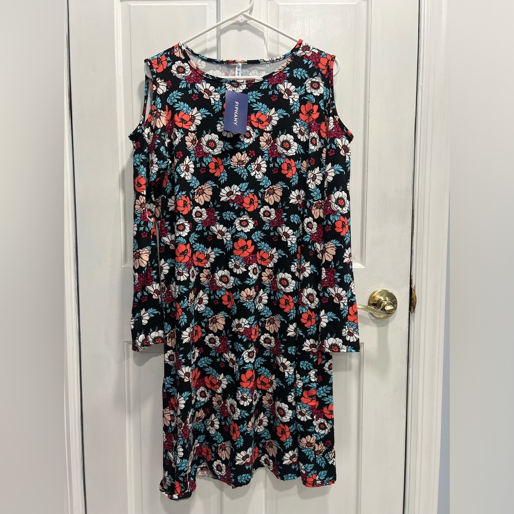 PIPHANY NWT Cold Shoulder Long sleeve Floral Soft Stretch Chelsea Dress Sz LARGE